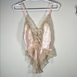 Vintage Victoria's Secret 90s Gold Label Pink and Cream Satin bodysuit Lingerie